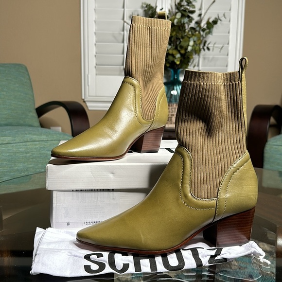 New Schutz Leather Sweater‎ Knit Mid Boots - Camille Knit color green size 8 - Picture 8 of 14